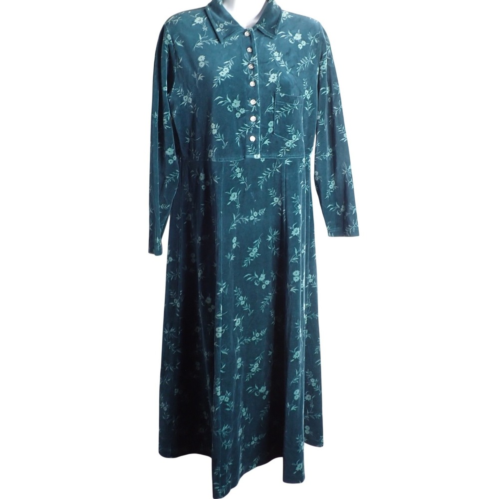 L.L. Bean Women 8P Teal Floral Velvet Long Sleeve Button Front Maxi Dress